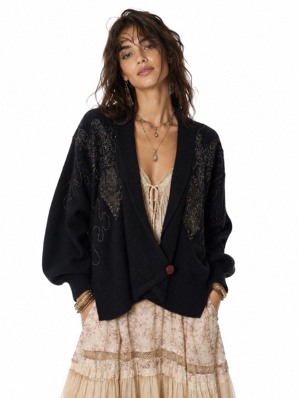 Vintage Angora Open Cardigan Coat Bold Buttery Soft Lace Metallic Dolman Sleeve
